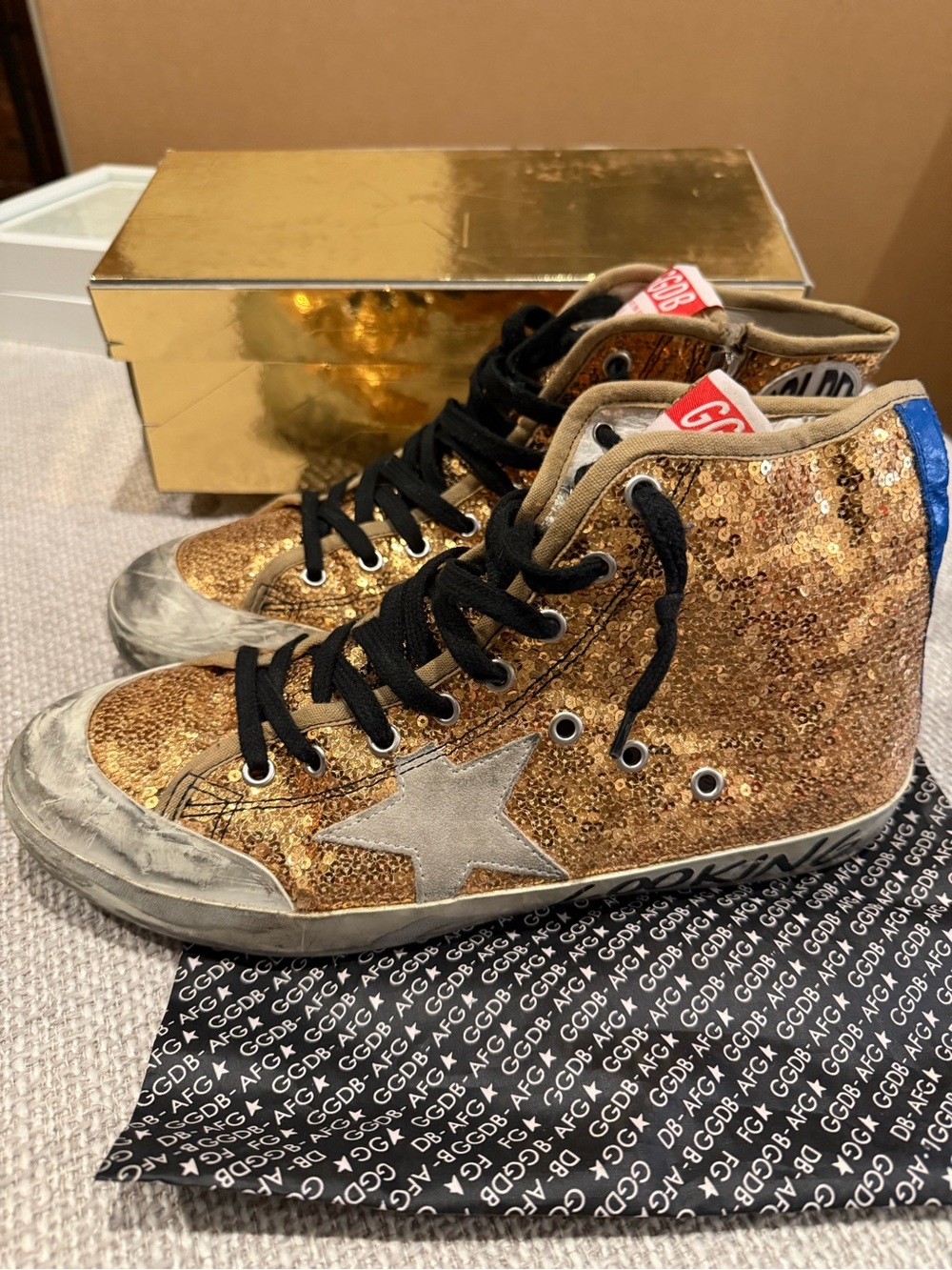 Golden Goose Gold Sequin High-Top Sneakers with Silver Star and Blue Heel sz 42